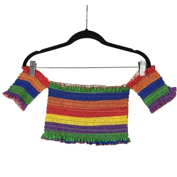 NWT STYLEWISE Top UK 6~US 2 Rainbow Stripe Smocked Off-Shoulder Ruffle Short-Slv - Picture 2 of 6